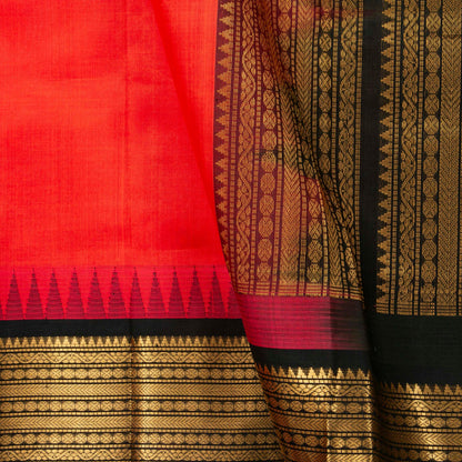 Red And Black Kanchi Silk Cotton Saree With Temple Korvai Border For Festive Wear VP SC 153