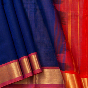 Royal Blue And Red Kanchi Silk Cotton Saree With Zari Border For Festive Wear VP SC 102