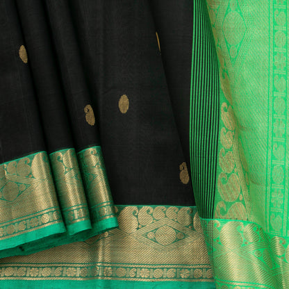 Black And Parrot Green Kanchi Silk Cotton Saree With Korvai Zari Border For Festive Wear VP SC 114