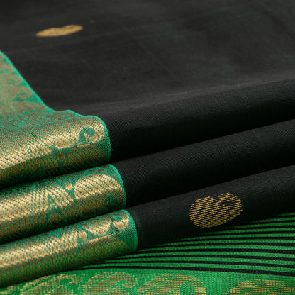 Black And Parrot Green Kanchi Silk Cotton Saree With Korvai Zari Border For Festive Wear VP SC 114