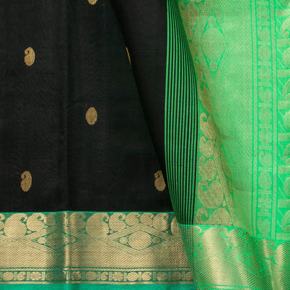 Black And Parrot Green Kanchi Silk Cotton Saree With Korvai Zari Border For Festive Wear VP SC 114