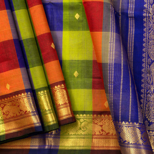 Multicolour Checks Kanchi Silk Cotton Saree For Festive Wear VP SC 111