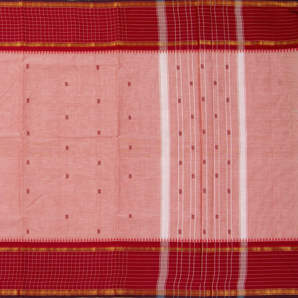 Peach And Red Kanchi Cotton Saree For Festive Wear PV MM KC 949