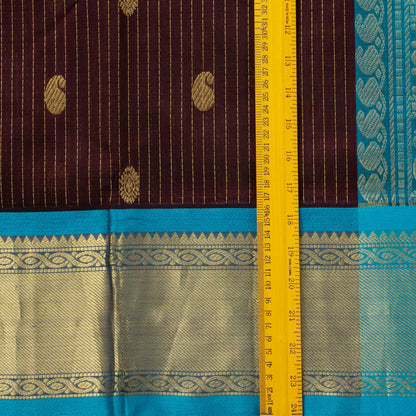 Brown And Ananda Blue Kanchi Silk Cotton Saree With Zari Stripes For Festive Wear VP SC 118
