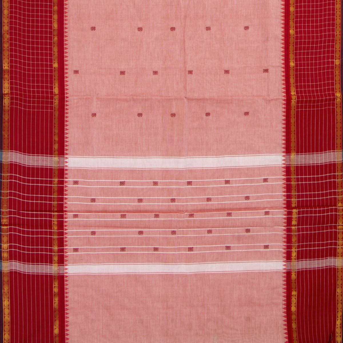 Peach And Red Kanchi Cotton Saree For Festive Wear PV MM KC 949