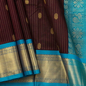 Brown And Ananda Blue Kanchi Silk Cotton Saree With Zari Stripes For Festive Wear VP SC 118