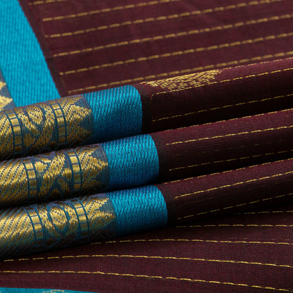 Brown And Ananda Blue Kanchi Silk Cotton Saree With Zari Stripes For Festive Wear VP SC 118