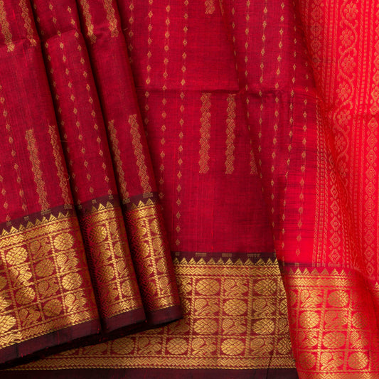 Maroon And Red Kanchi Silk Cotton Saree With Zari Checks For Festive Wear VP SC 140