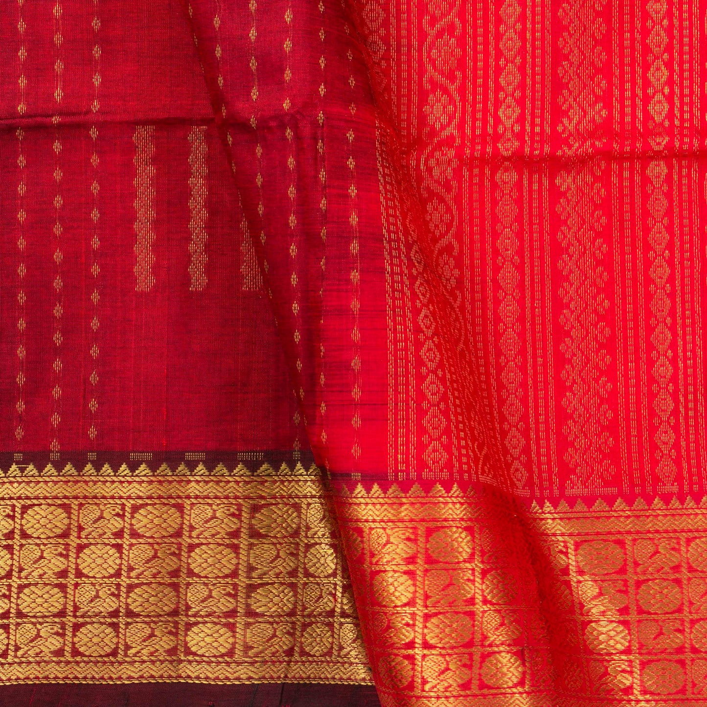 Maroon And Red Kanchi Silk Cotton Saree With Zari Checks For Festive Wear VP SC 140