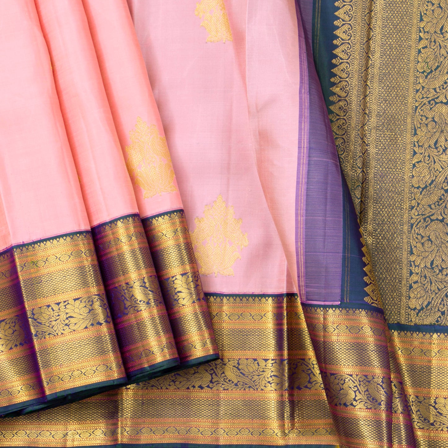 Pastel Pink And Mayilkazhuthu Blue Kanchipuram Silk Saree For Festive Wear PV NYC 1511