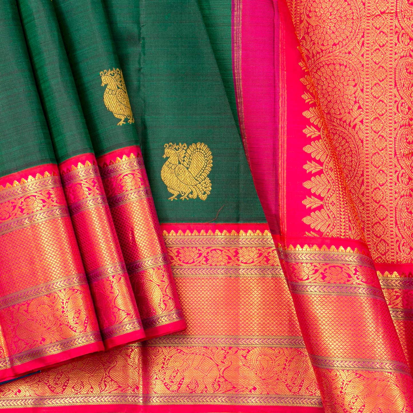 Green And Pink Kanchipuram Silk Saree For Festive Wear PV NYC 1472