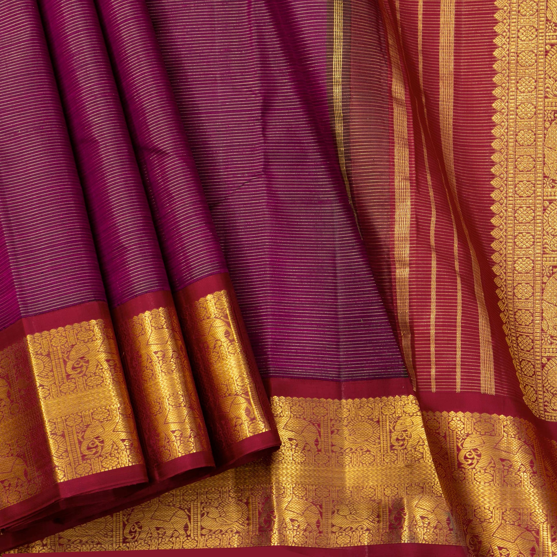 Purple And Rust Maroon Kanchipuram Silk Saree With Vaira Oosi Zari Stripes For Wedding Wear PPV 2055 - Silk Sari - Panjavarnam PV 2055
