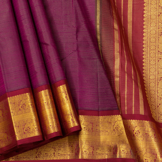 Purple And Rust Maroon Kanchipuram Silk Saree With Vaira Oosi Zari Stripes For Wedding Wear PPV 2055