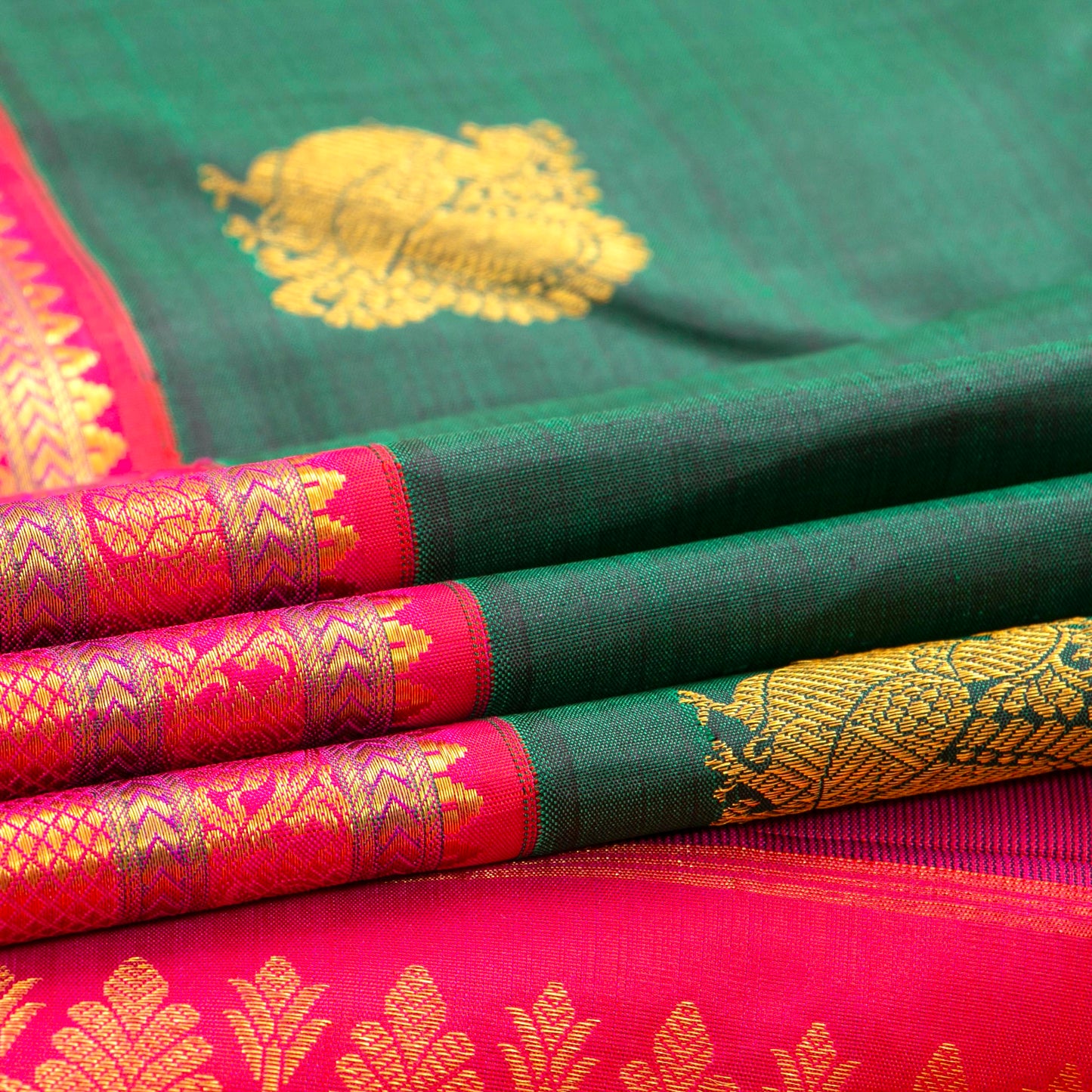 Green And Pink Kanchipuram Silk Saree For Festive Wear PV NYC 1472