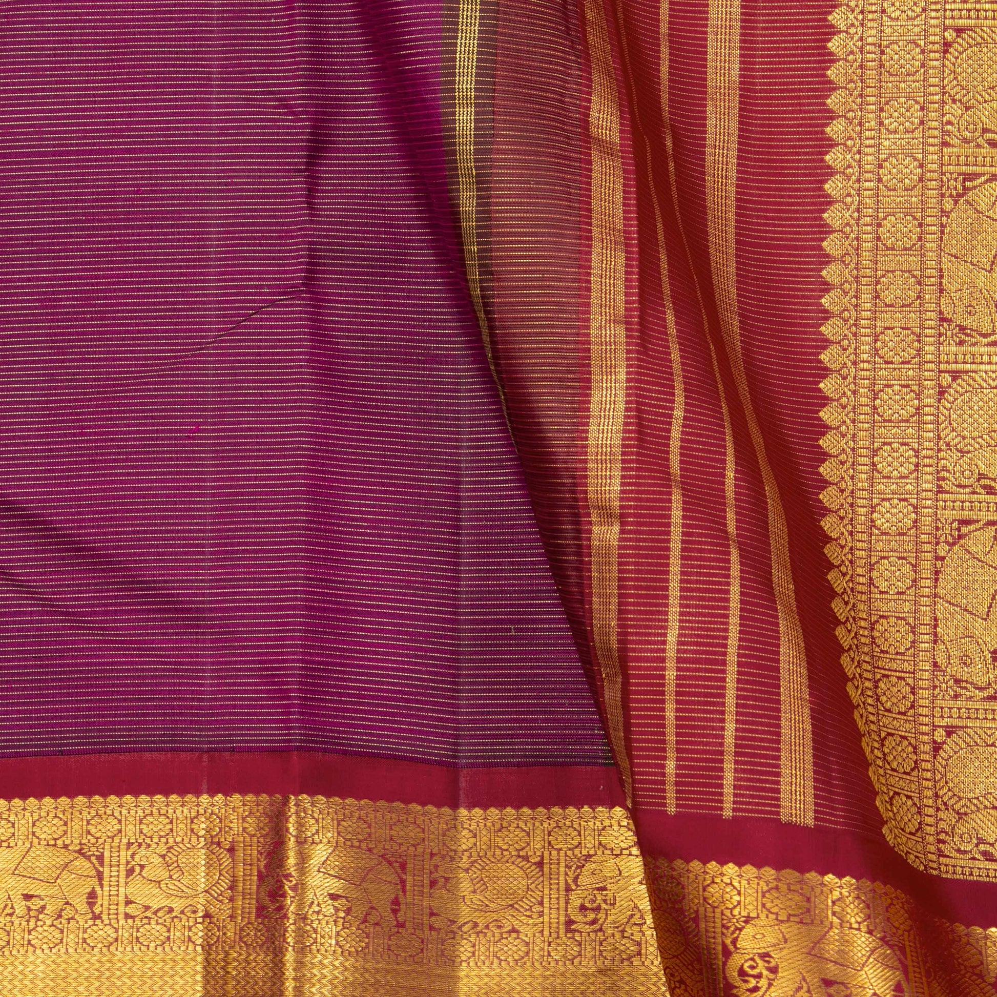 Purple And Rust Maroon Kanchipuram Silk Saree With Vaira Oosi Zari Stripes For Wedding Wear PPV 2055 - Silk Sari - Panjavarnam PV 2055