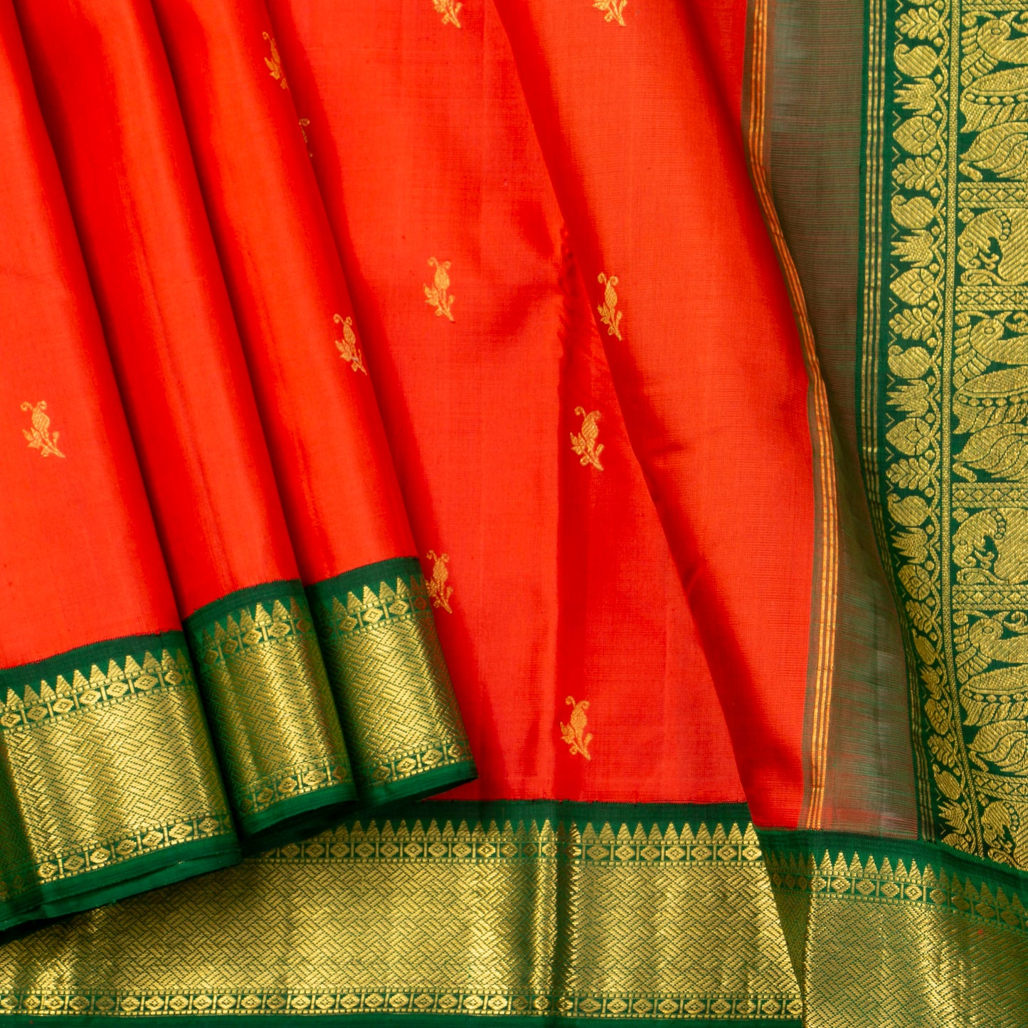 Orange And Green Kanchipuram Silk Saree For Festive Wear PV J 1899