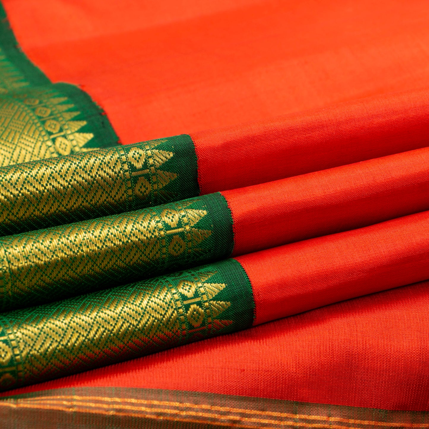 Orange And Green Kanchipuram Silk Saree For Festive Wear PV J 1899