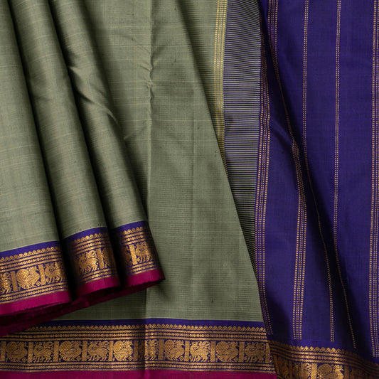 Grey And Blue Kanchipuram Silk Saree For Festive Wear PV J 1898