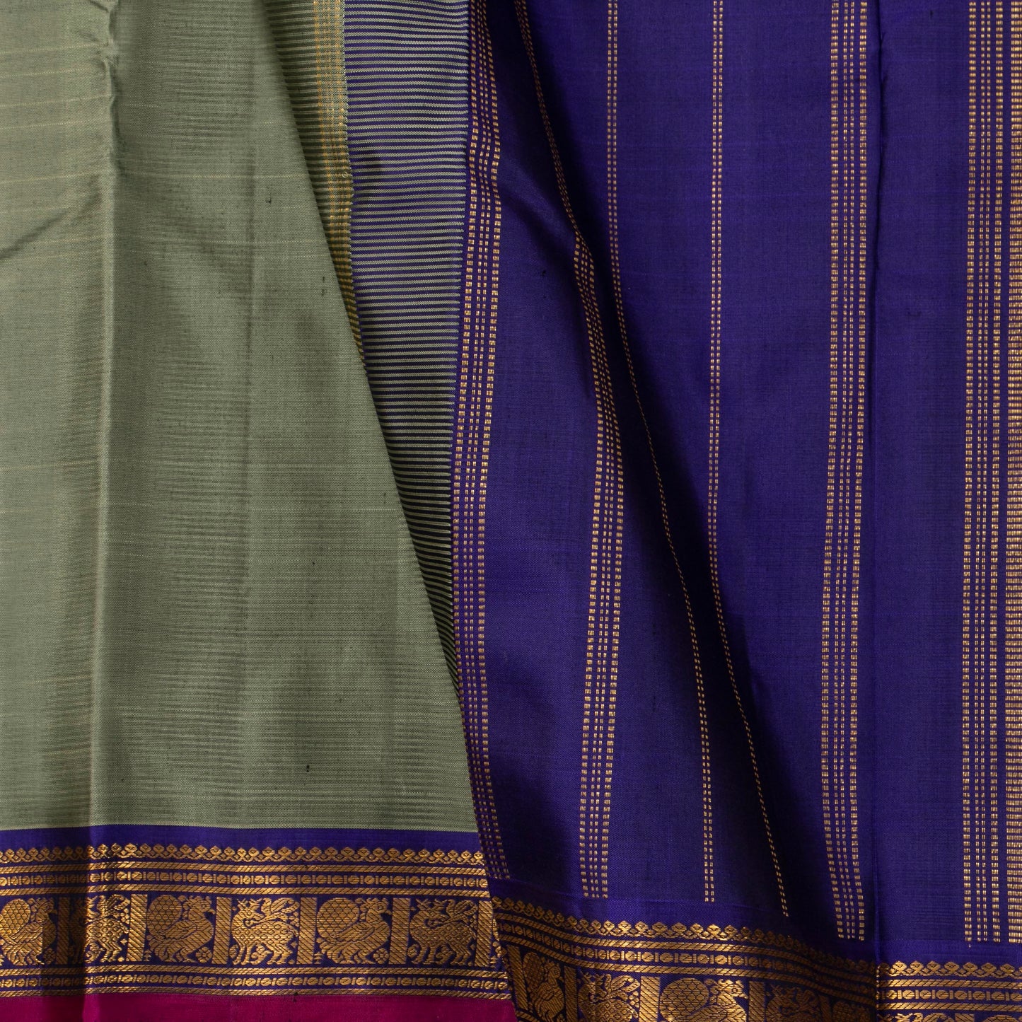 Grey And Blue Kanchipuram Silk Saree For Festive Wear PV J 1898