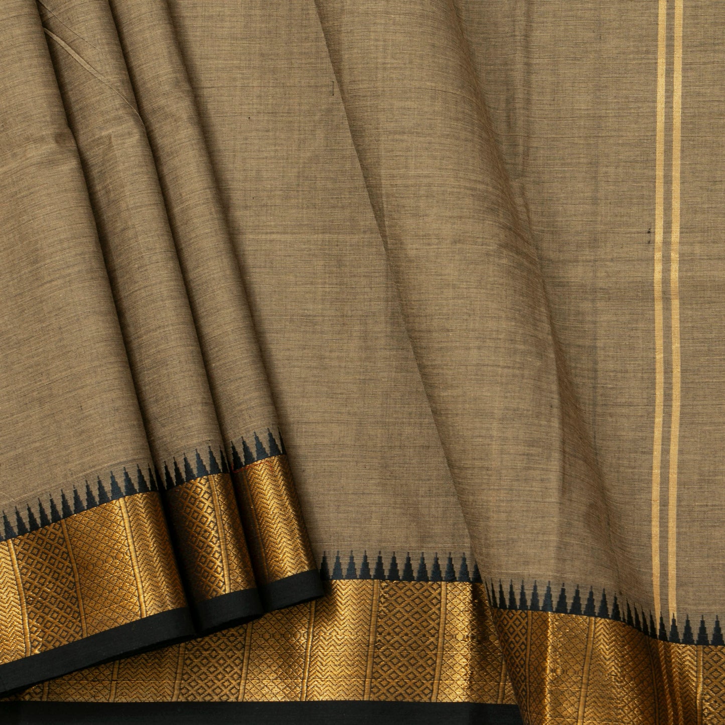 Fawn And Black Kanchi Cotton Saree For Festive Wear PV MM KC 687