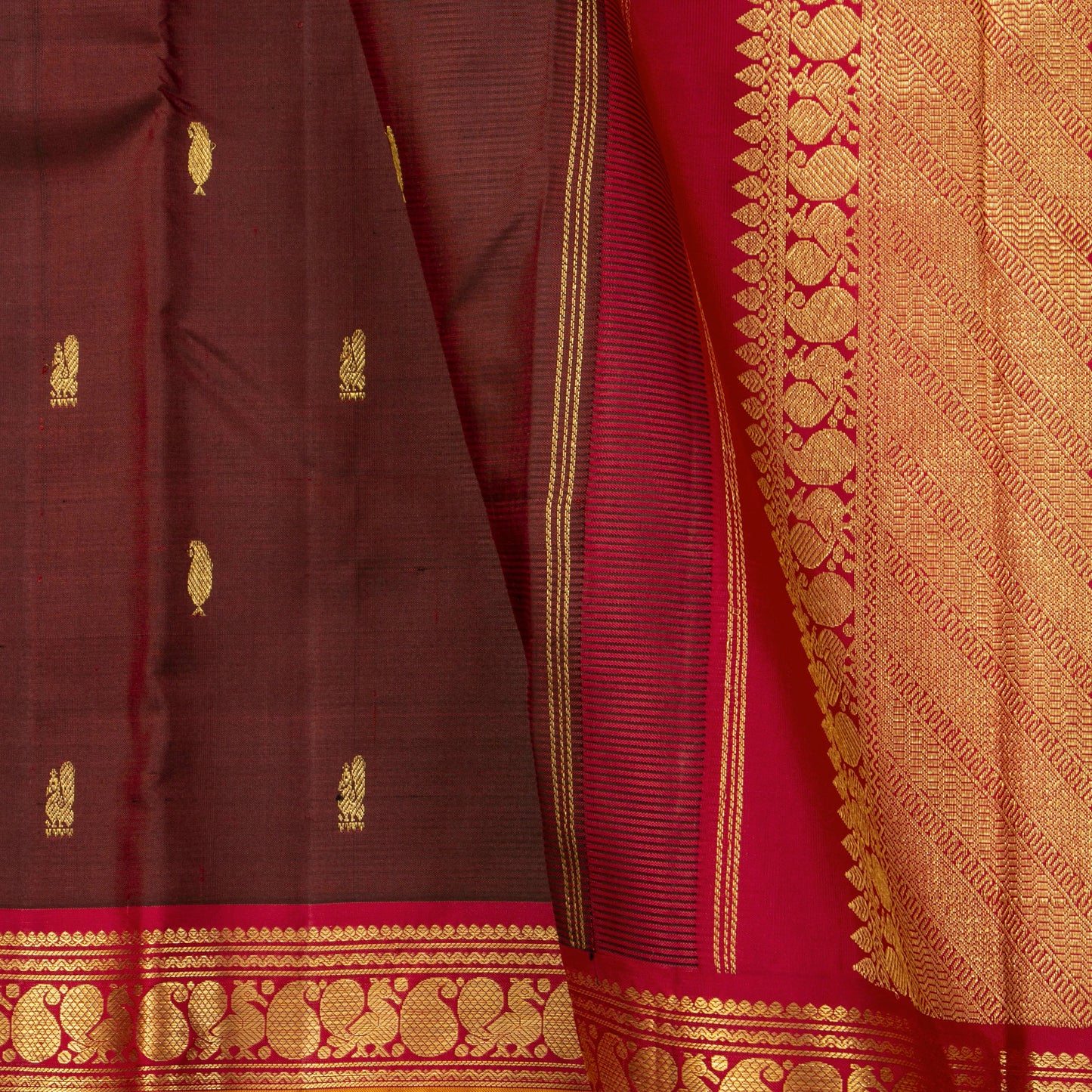 Brown And Red Kanchipuram Silk Saree For Festive Wear PV J 1433