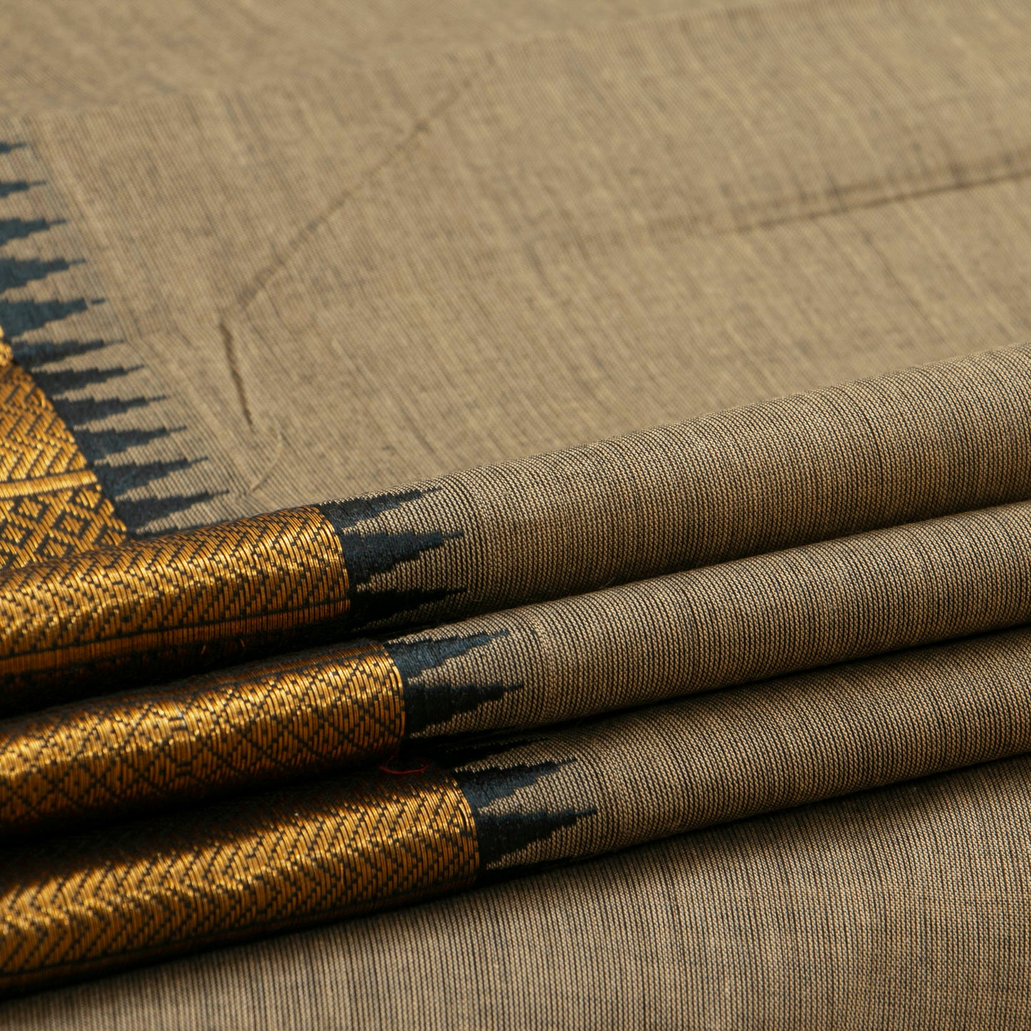 Fawn And Black Kanchi Cotton Saree For Festive Wear PV MM KC 687