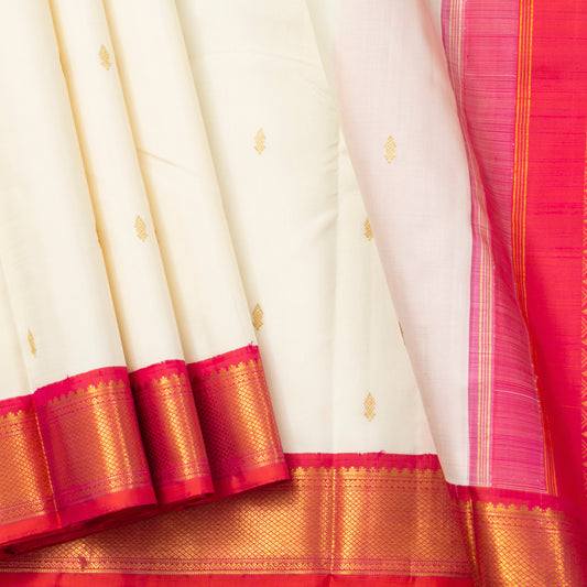 Off White And Red Kanchipuram Silk Saree For Festive Wear PV AR 263A