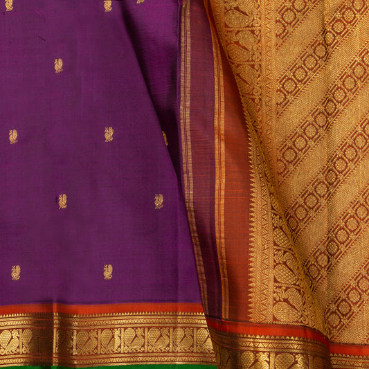 Purple And Rust Kanchipuram Silk Saree For Festive Wear PV J 1482