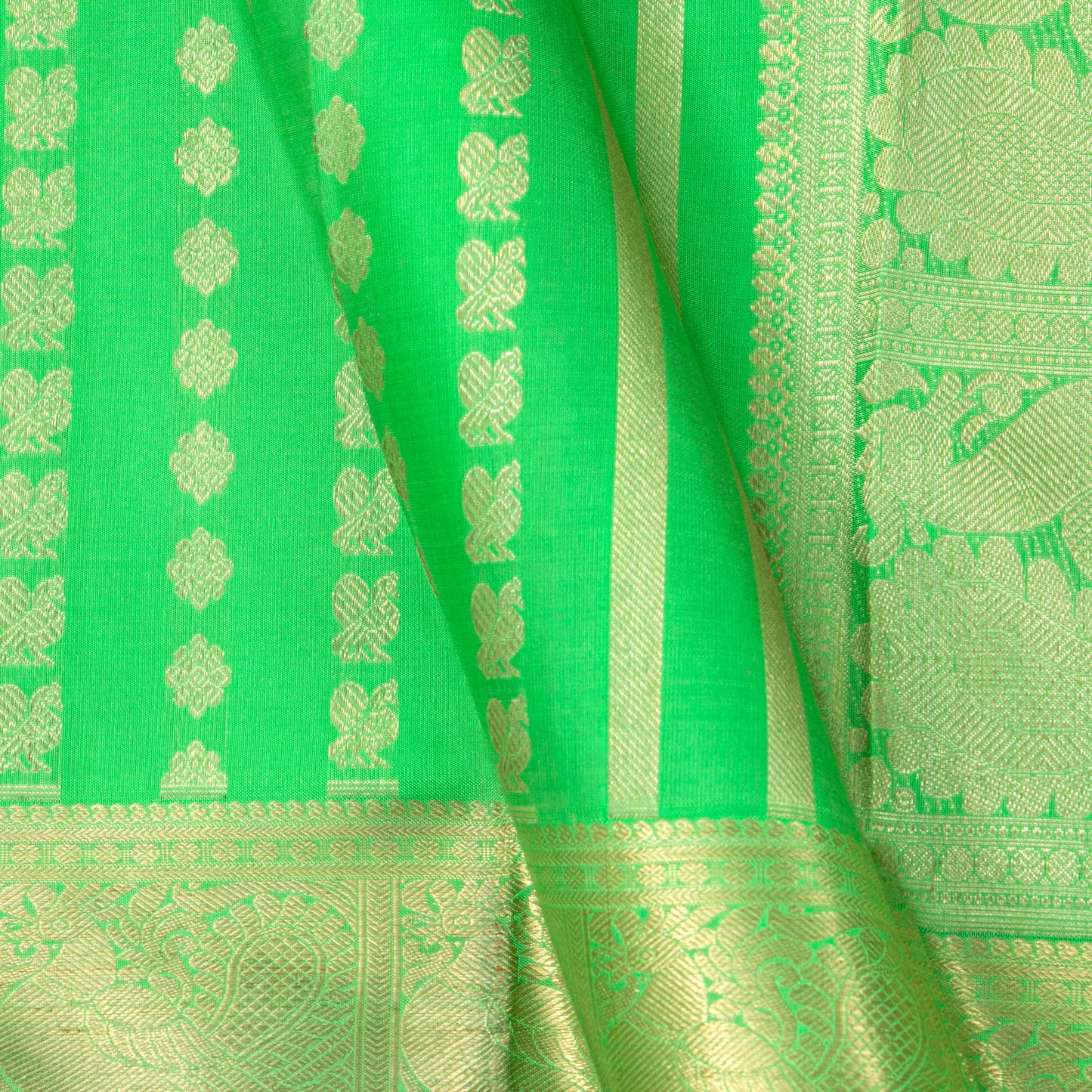 Green Kanchipuram Silk Saree With Long Border For Bridal Wear PV NYC 1451