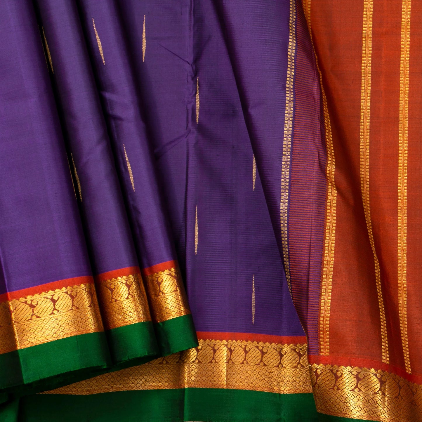 Purple And Rust Kanchipuram Silk Saree With Malli Moggu Motifs For Festive Wear PV J 1217