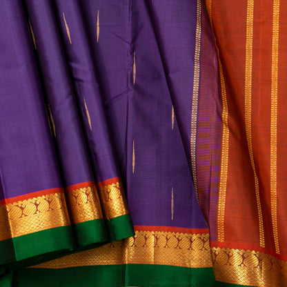 Purple And Rust Kanchipuram Silk Saree With Malli Moggu Motifs For Festive Wear PV J 1217