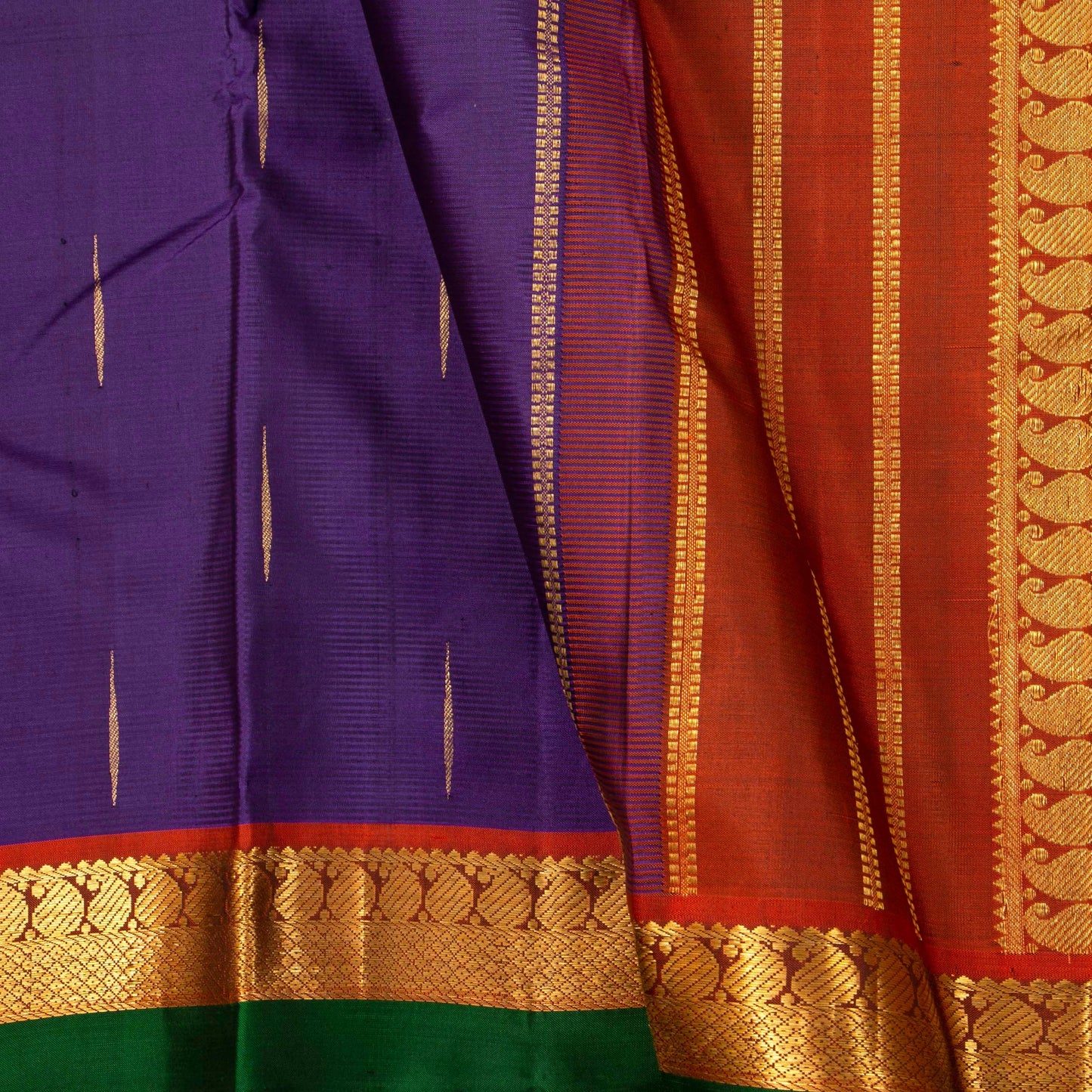 Purple And Rust Kanchipuram Silk Saree With Malli Moggu Motifs For Festive Wear PV J 1217