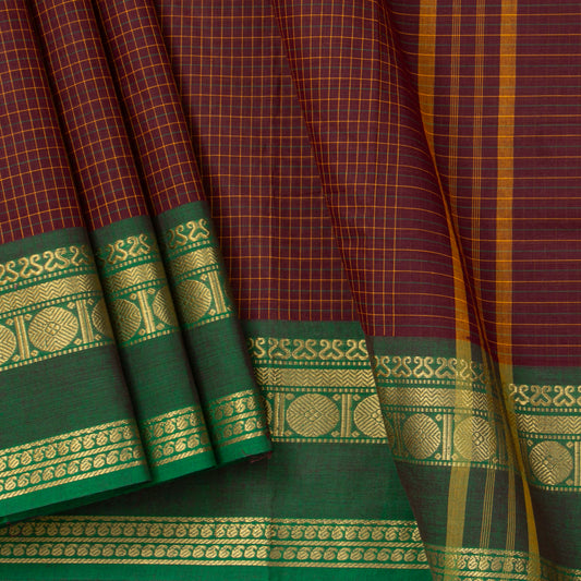Brown And Green Kanchi Cotton Saree Ganga Jamuna Border For Festive Wear PV MM KC 745
