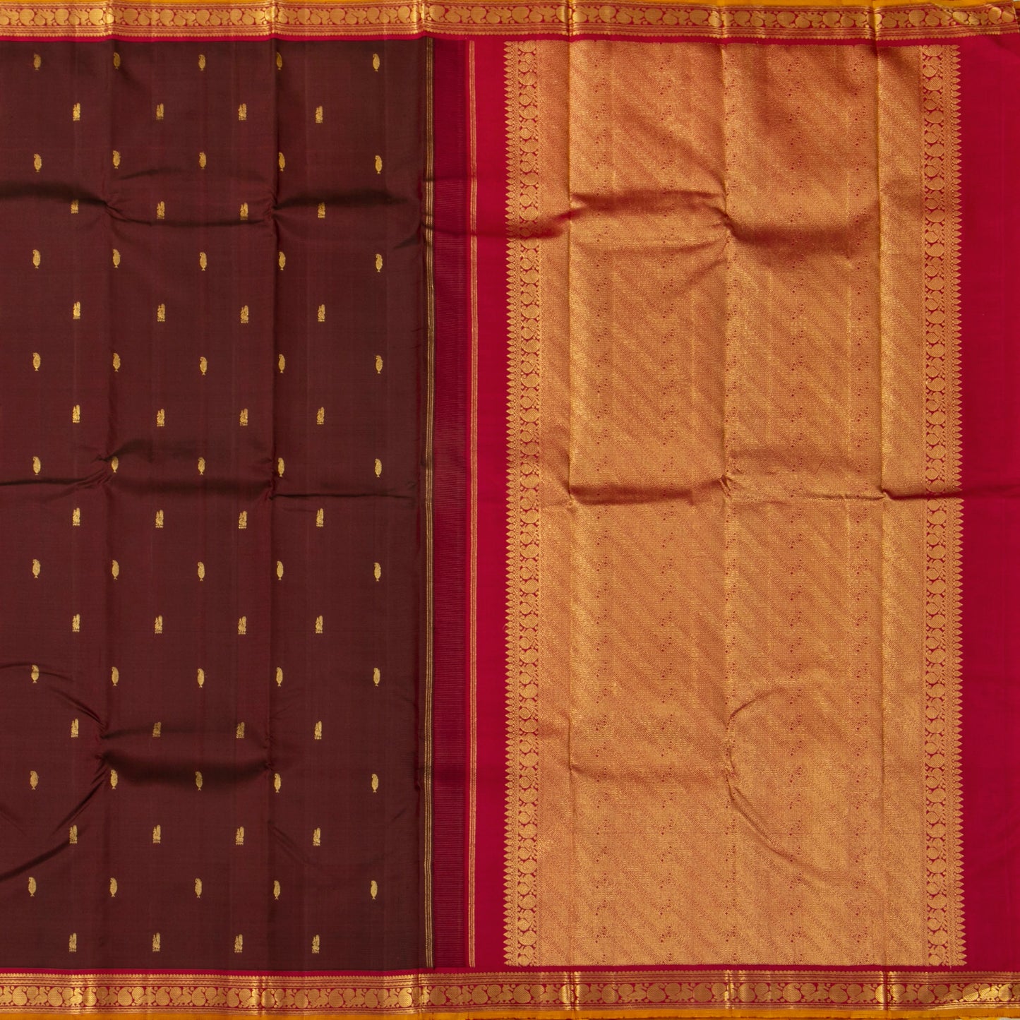 Brown And Red Kanchipuram Silk Saree For Festive Wear PV J 1433