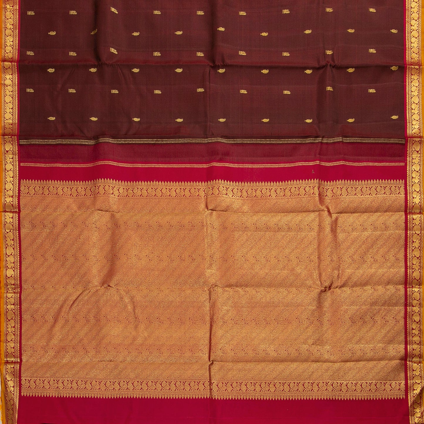 Brown And Red Kanchipuram Silk Saree For Festive Wear PV J 1433