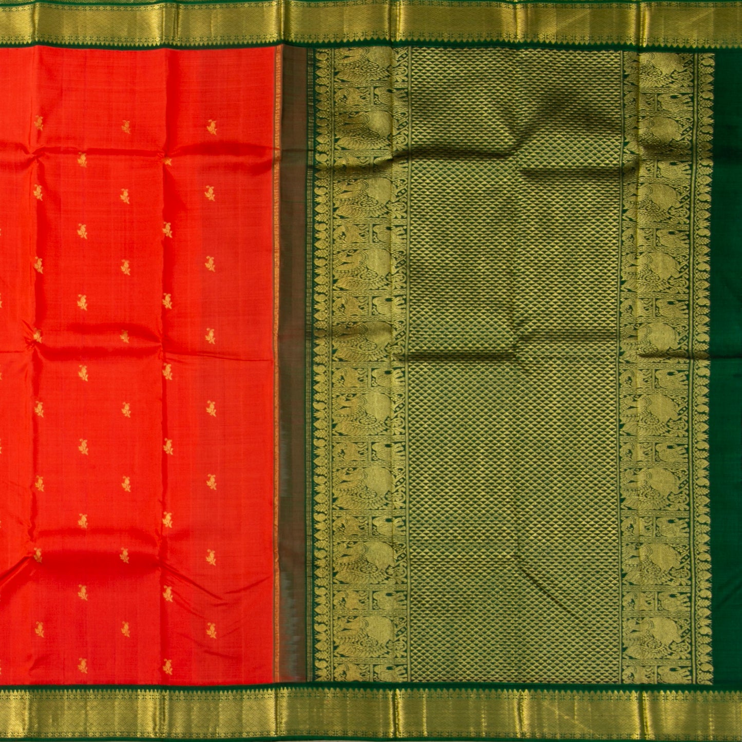 Orange And Green Kanchipuram Silk Saree For Festive Wear PV J 1899