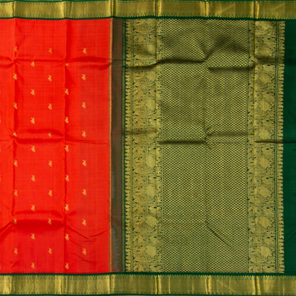 Orange And Green Kanchipuram Silk Saree For Festive Wear PV J 1899