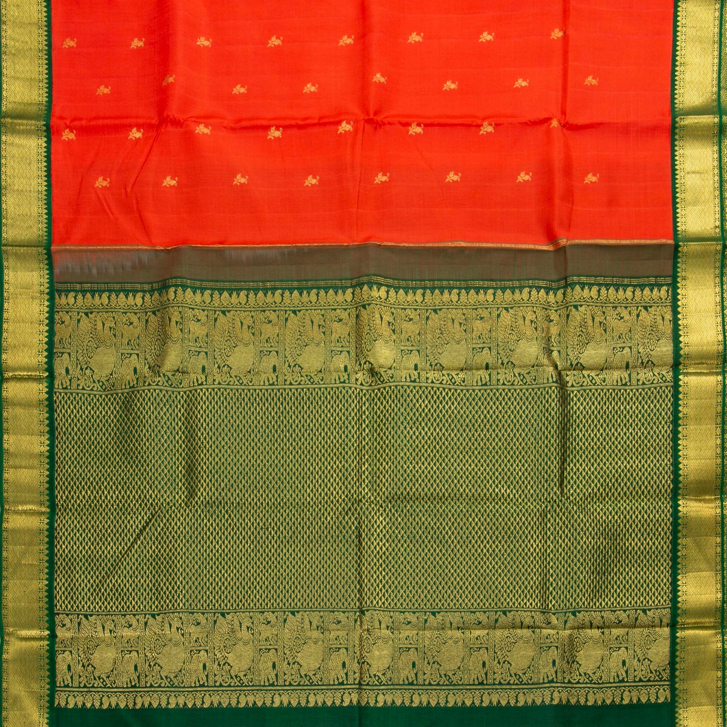Orange And Green Kanchipuram Silk Saree For Festive Wear PV J 1899