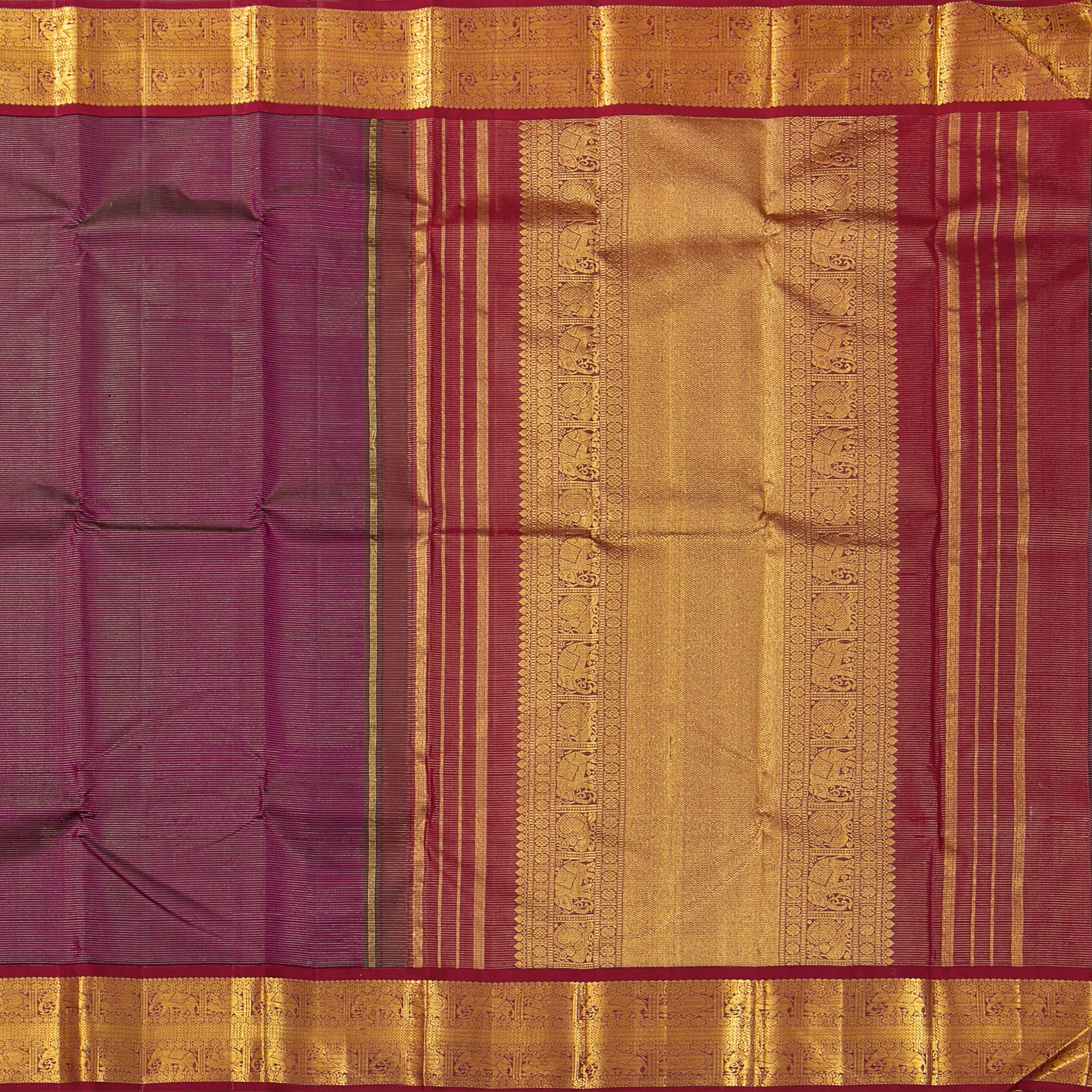 Purple And Rust Maroon Kanchipuram Silk Saree With Vaira Oosi Zari Stripes For Wedding Wear PPV 2055 - Silk Sari - Panjavarnam PV 2055