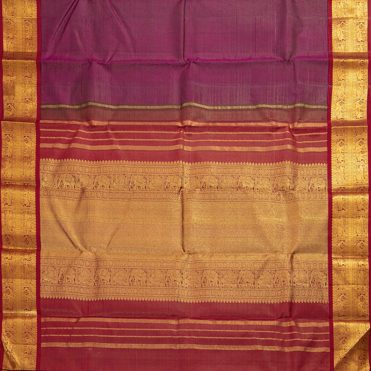 Purple And Rust Maroon Kanchipuram Silk Saree With Vaira Oosi Zari Stripes For Wedding Wear PPV 2055 - Silk Sari - Panjavarnam PV 2055