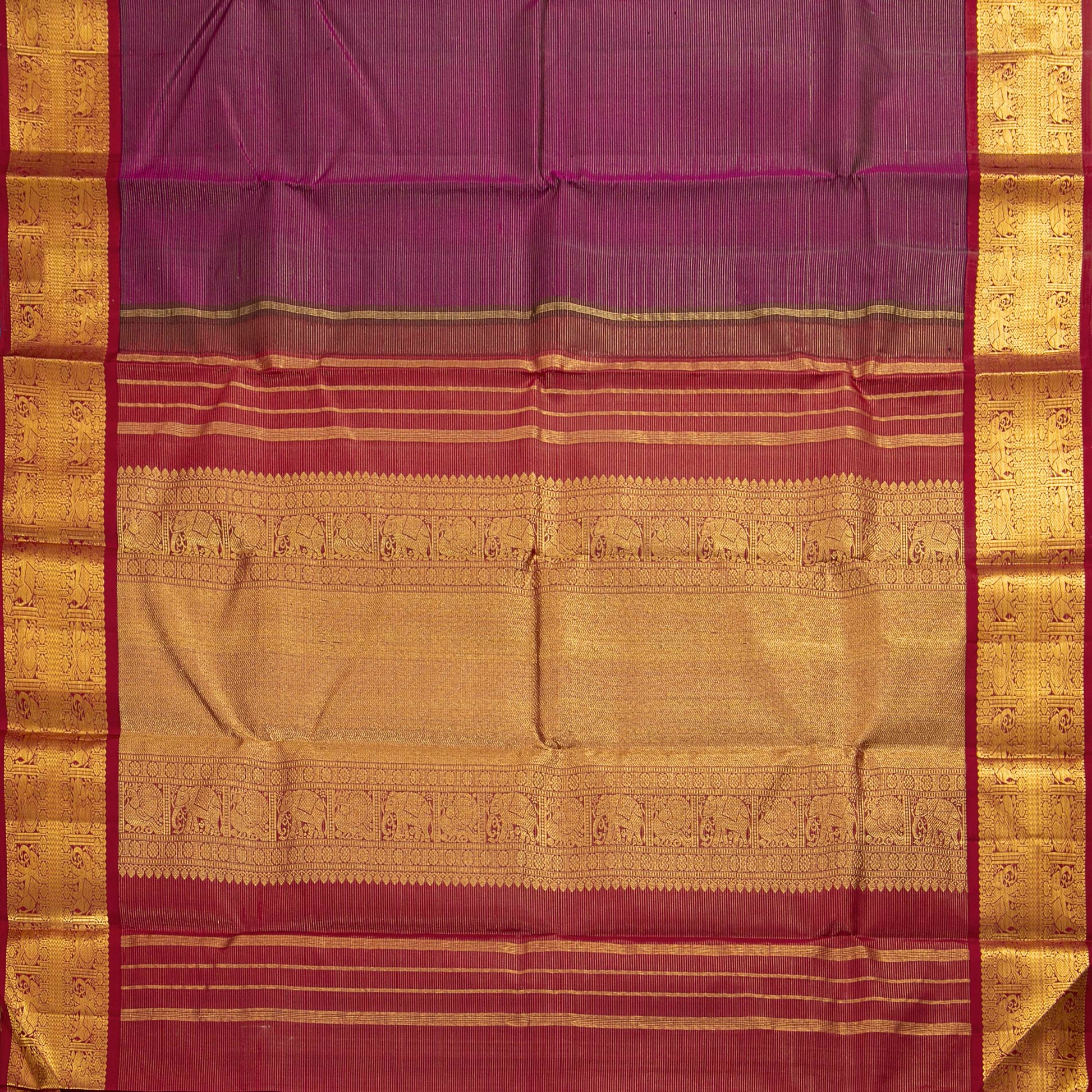 Purple And Rust Maroon Kanchipuram Silk Saree With Vaira Oosi Zari Stripes For Wedding Wear PPV 2055 - Silk Sari - Panjavarnam PV 2055