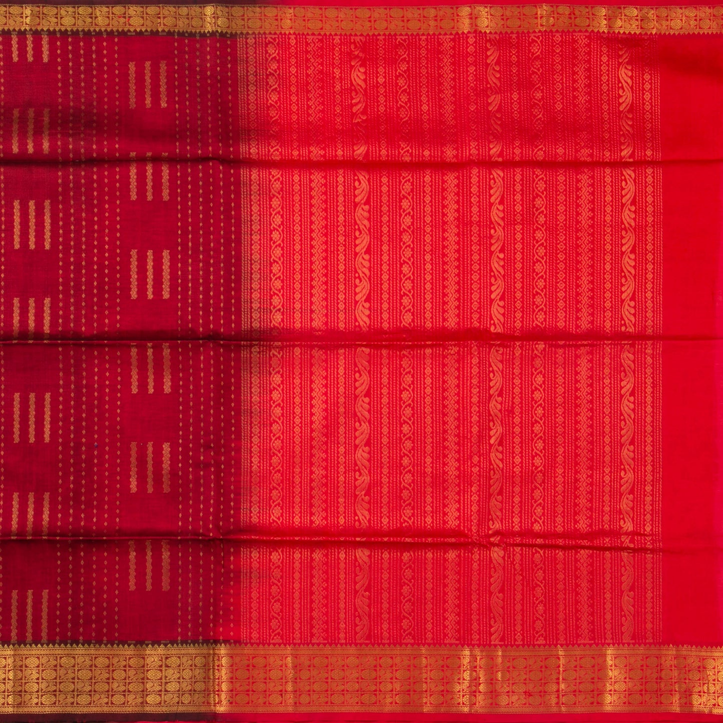 Maroon And Red Kanchi Silk Cotton Saree With Zari Checks For Festive Wear VP SC 140