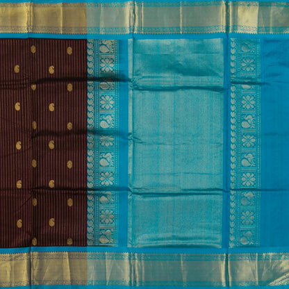 Brown And Ananda Blue Kanchi Silk Cotton Saree With Zari Stripes For Festive Wear VP SC 118