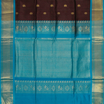 Brown And Ananda Blue Kanchi Silk Cotton Saree With Zari Stripes For Festive Wear VP SC 118