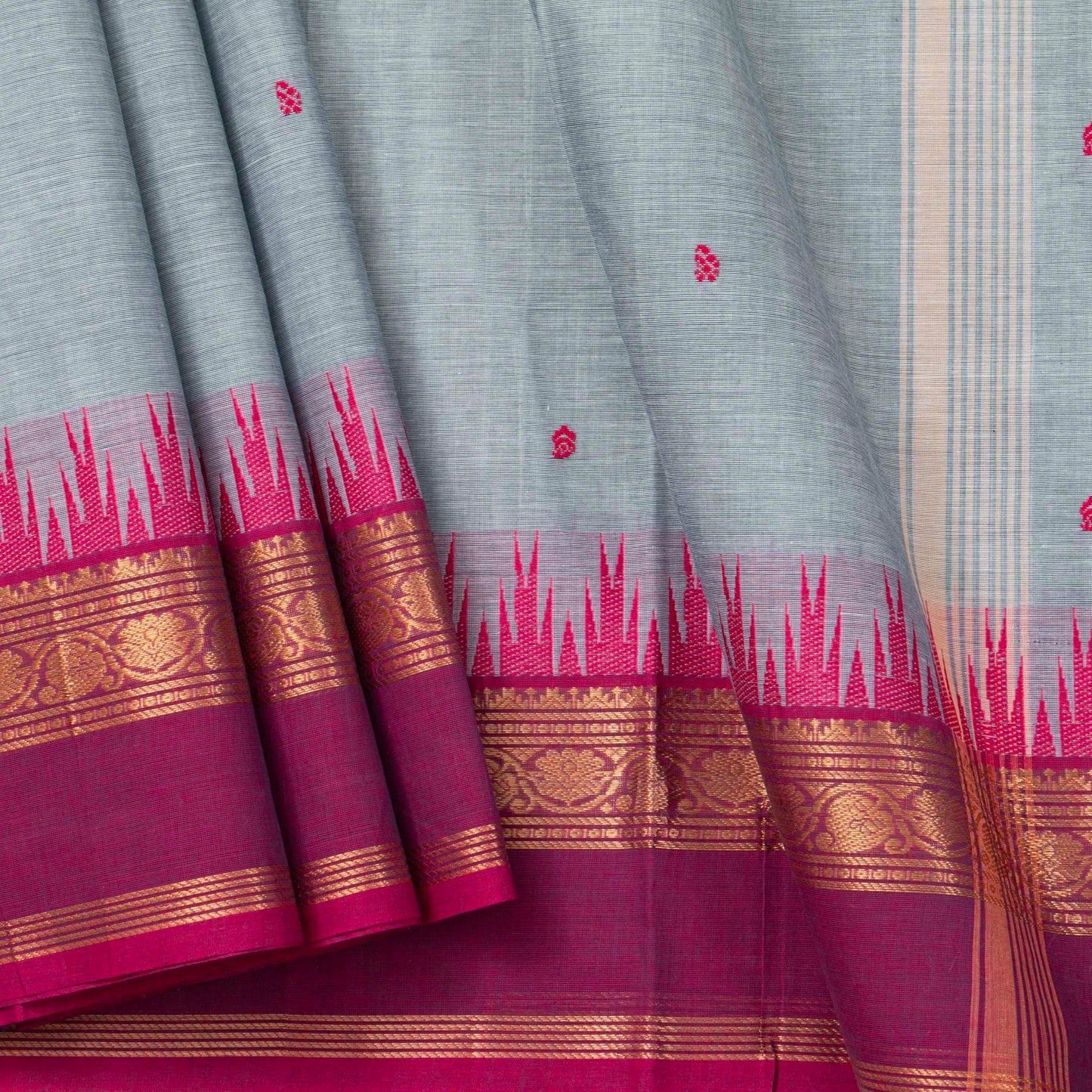 Grey And Pink Kanchi Cotton Saree For Festive Wear PV MM KC 894 - Cotton Saree - Panjavarnam PV MM KC 894