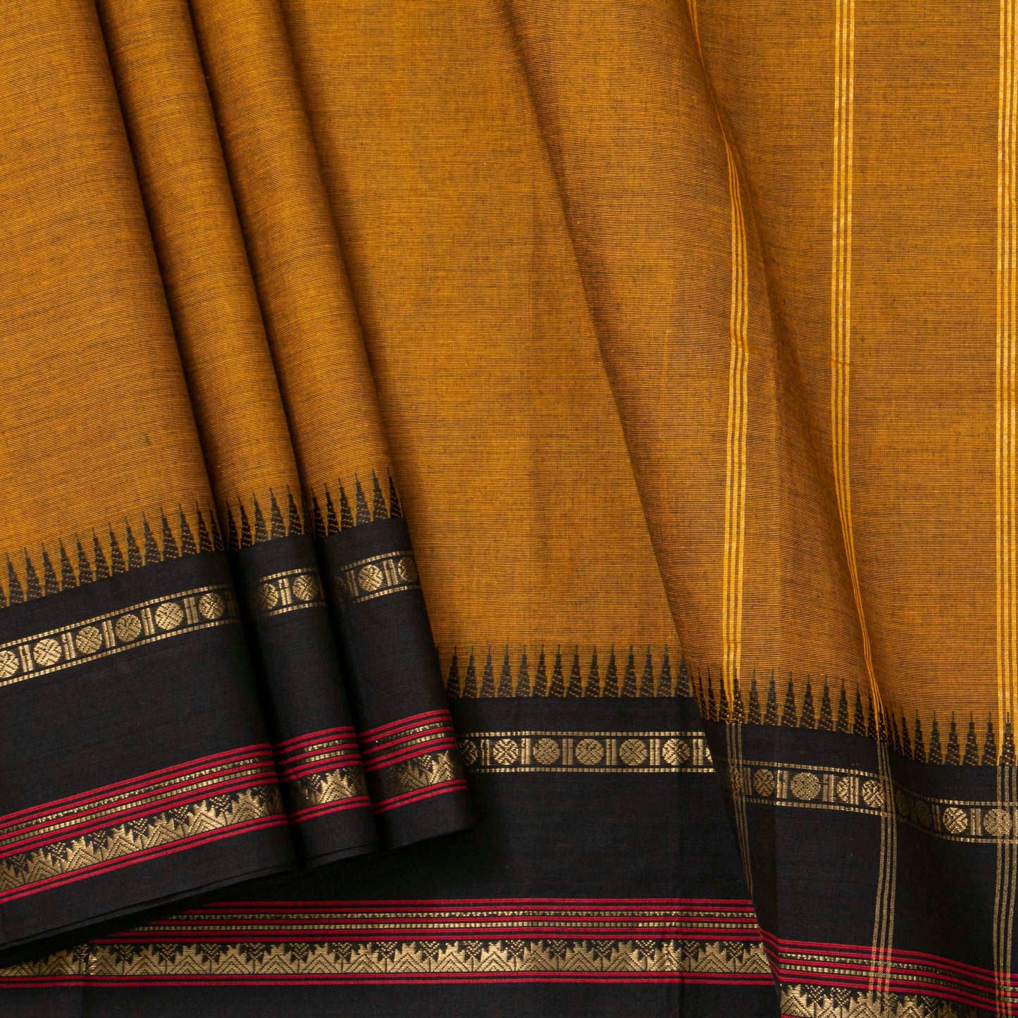 Mustard And Black Kanchi Cotton Saree For Festive Wear PV MM KC 686