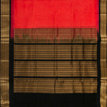 Red And Black Kanchi Silk Cotton Saree With Temple Korvai Border For Festive Wear VP SC 153