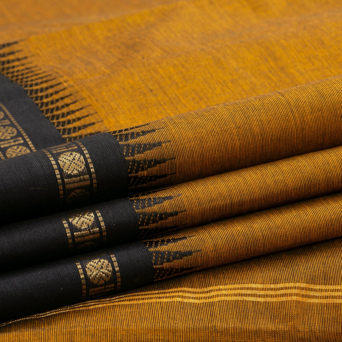 Mustard And Black Kanchi Cotton Saree For Festive Wear PV MM KC 686