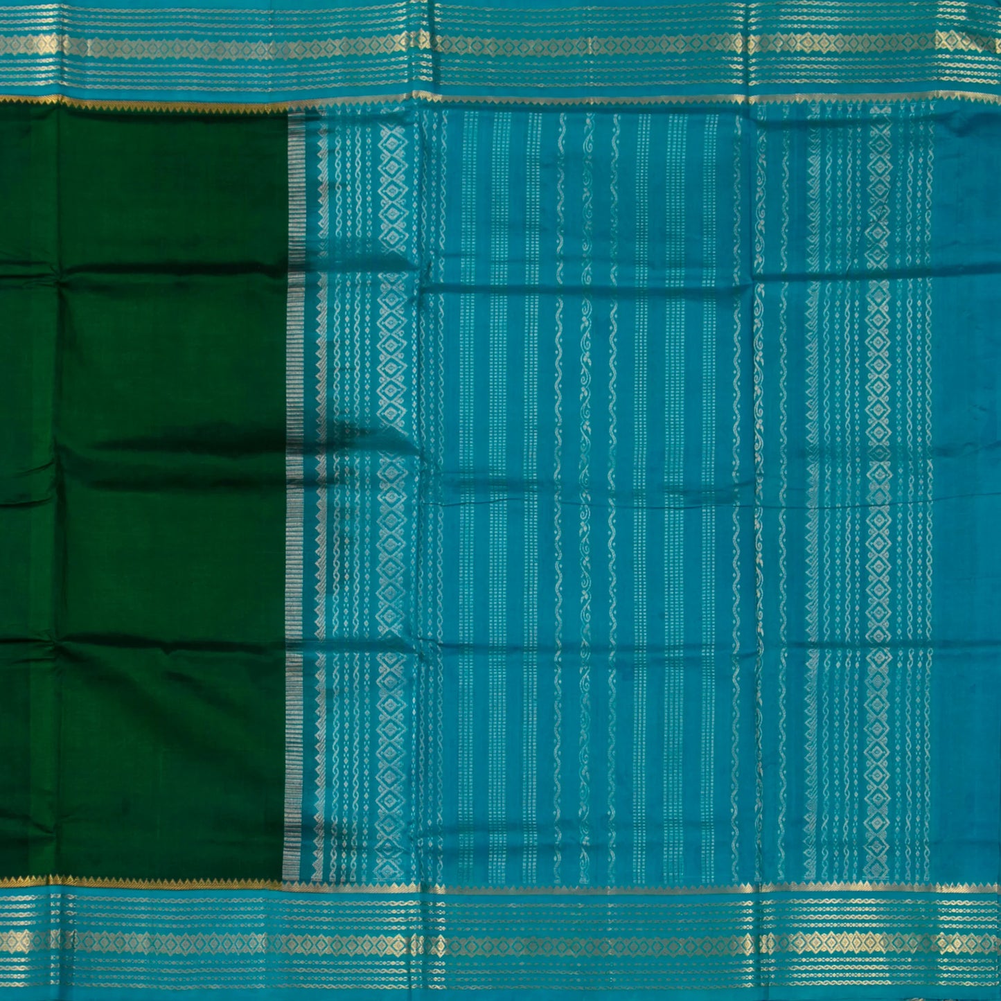 Bottle Green And Ananda Blue Kanchi Silk Cotton Saree With Korvai Border For Festive Wear VP SC 152