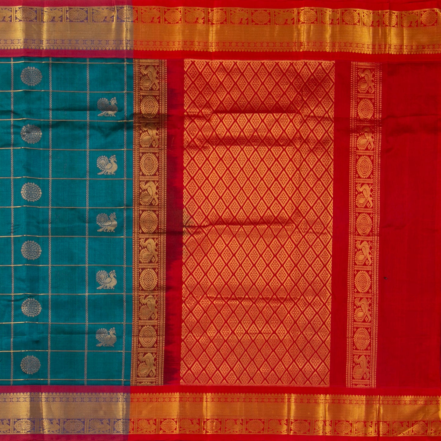 Blue And Red Kanchi Silk Cotton Saree With Zari Checks For Festive Wear VP SC 135